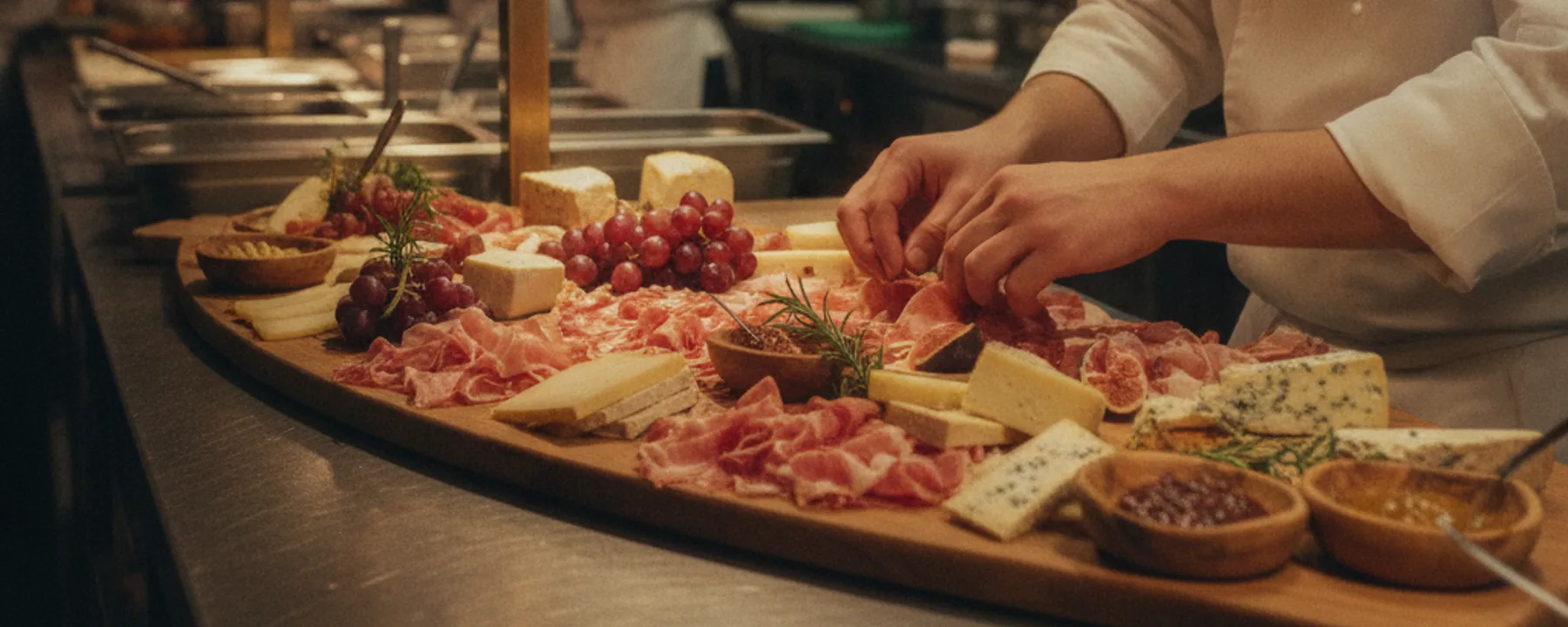 Koch richtet Platte mit Salumi und Käse an