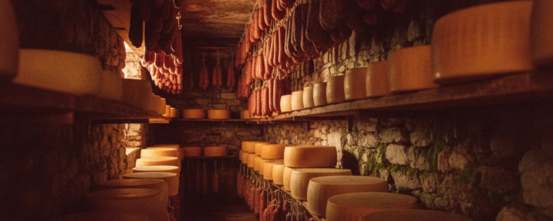 Reifekeller mit hängenden Salumi und Käselaiben