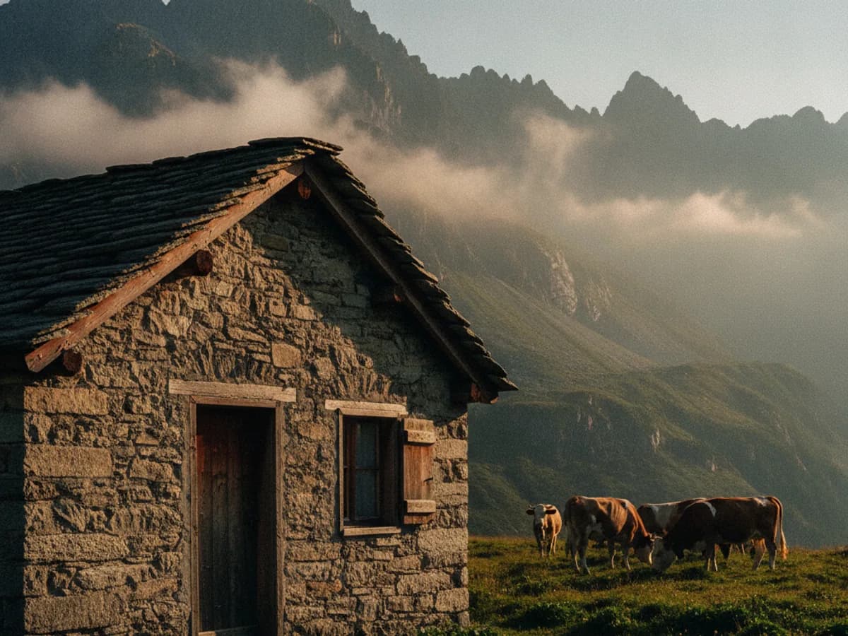Alphütte mit weidenden Kühen im Val Bavona
