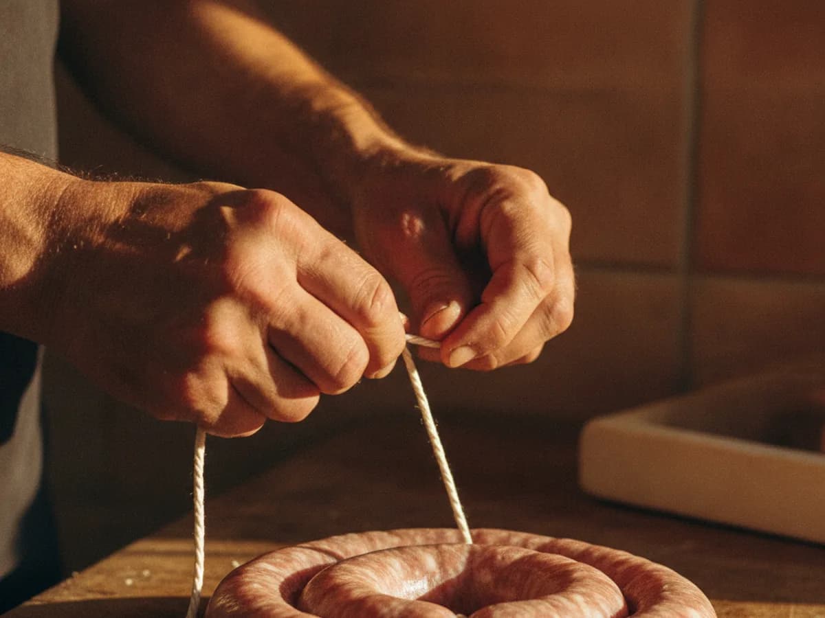 Hände beim Binden einer Wurst