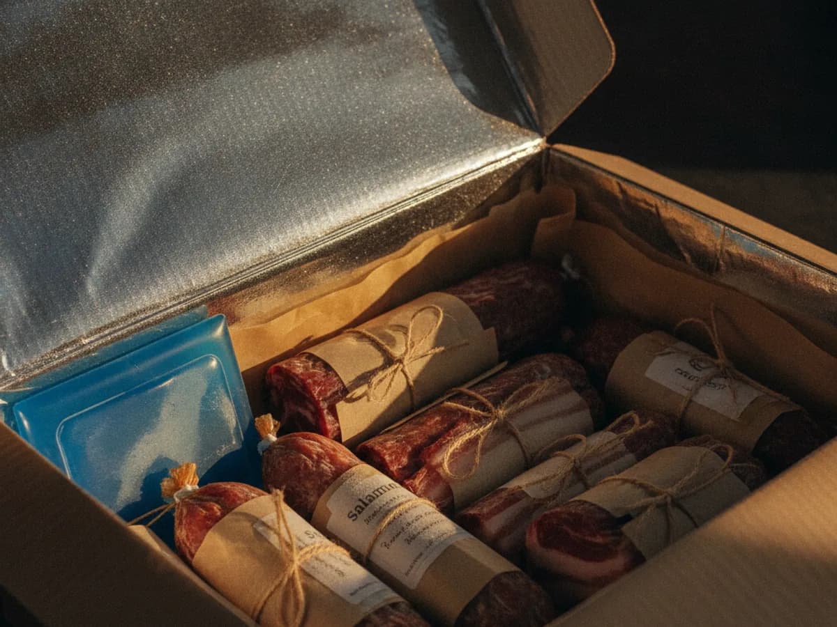 Offener Kühlkarton mit verpackten Salumi