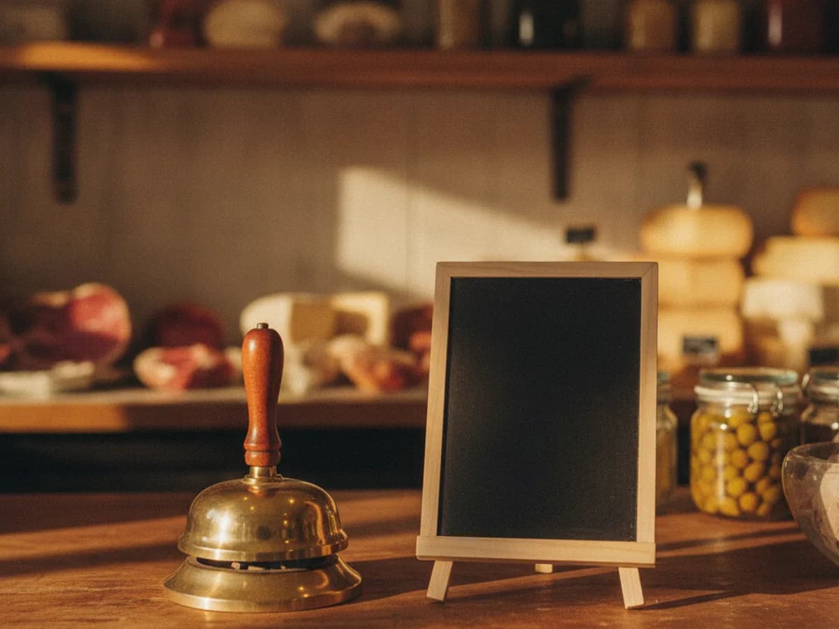 Ladentheke mit Glocke und leerer Tafel