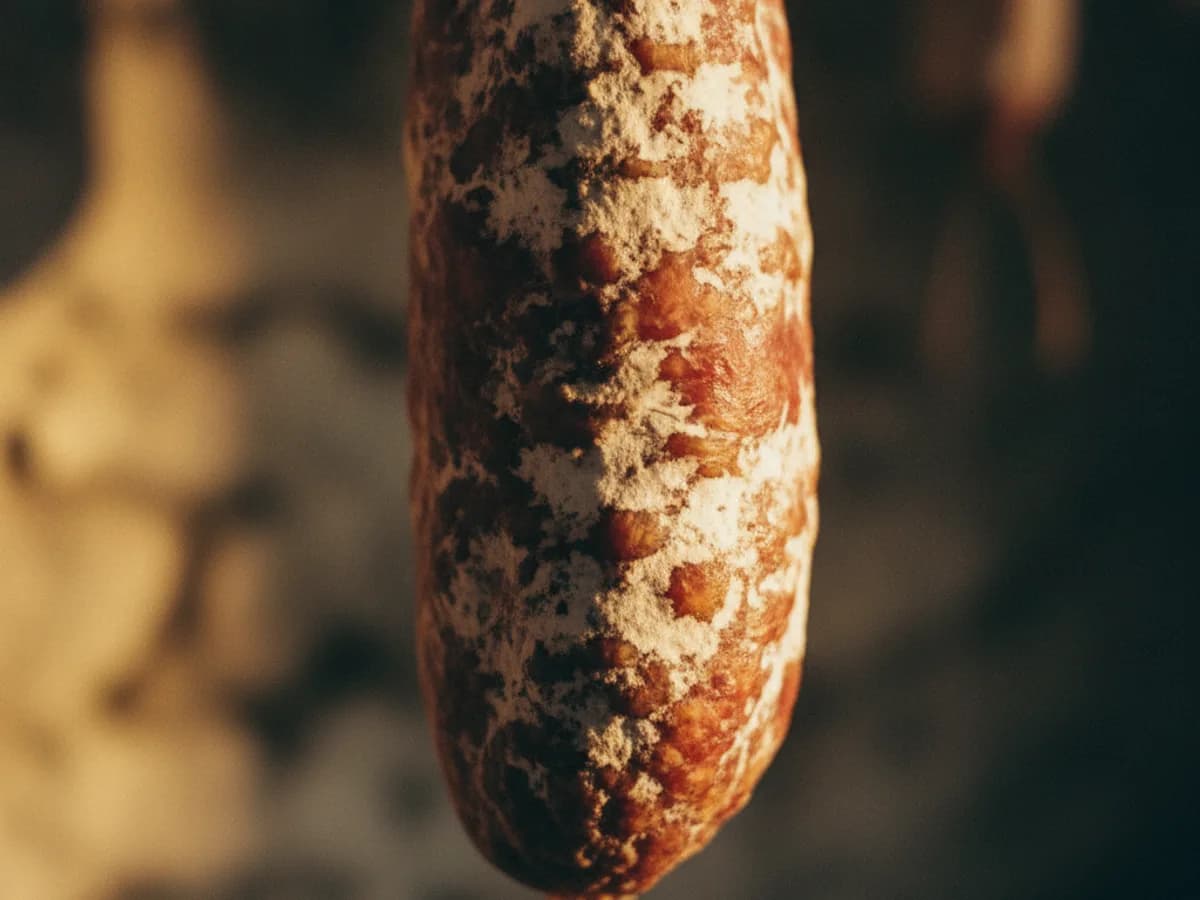 Nahaufnahme reifender Salami mit Edelschimmel