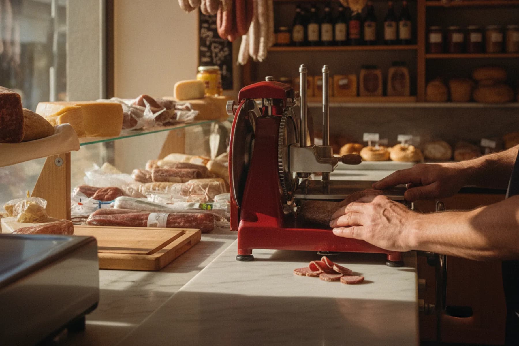 Theke der Salumeria mit hängenden Salumi und Hand beim Aufschneiden